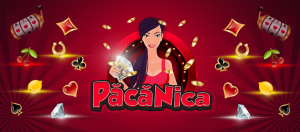 O tanara fata cu bancnote in mana pe un fundal rosu cu simboluri de cazino si jocuri online