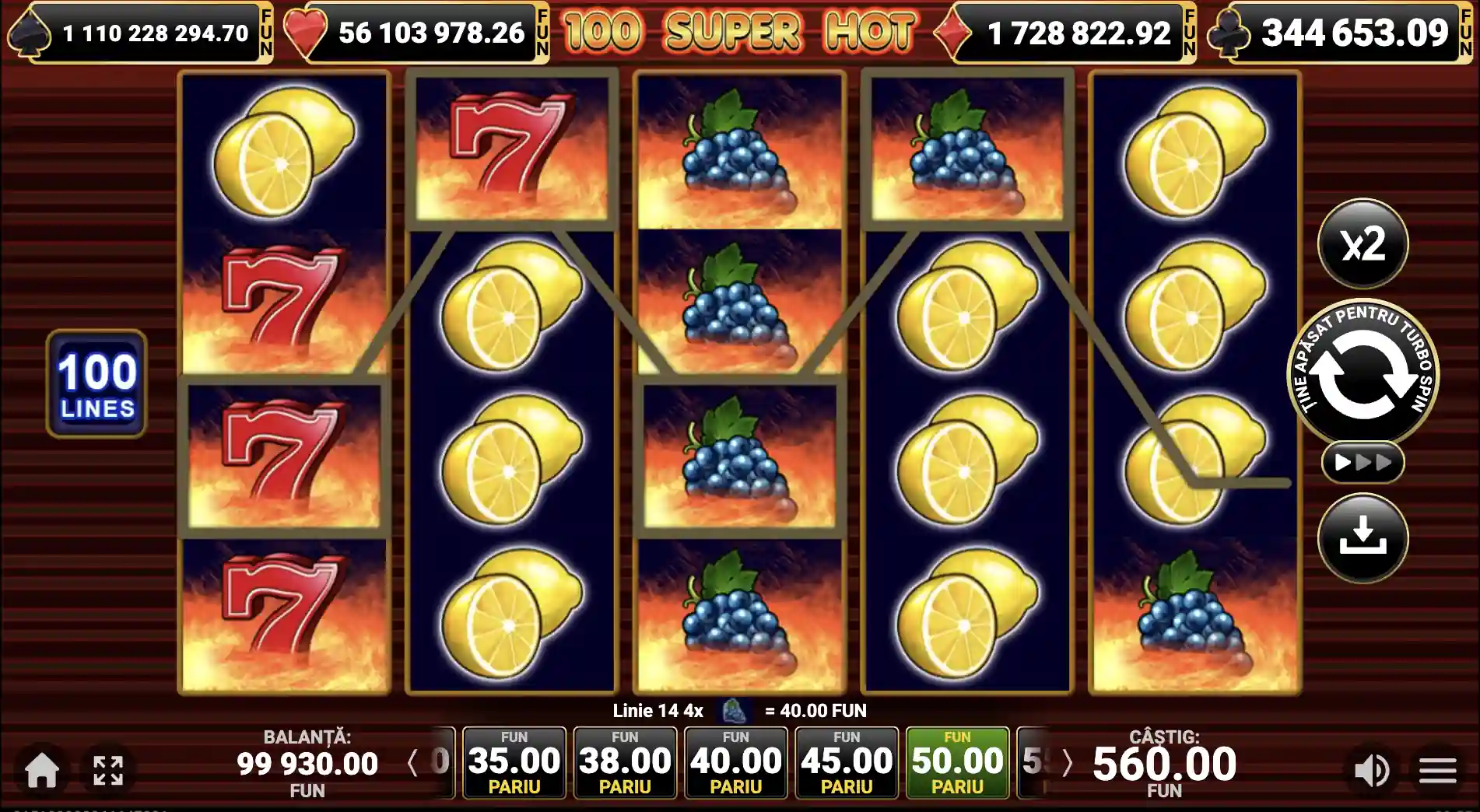 100 Super Hot – ecran in-game cu 100 linii, simboluri 7, lămâi și struguri, câștig 560.00 afișat