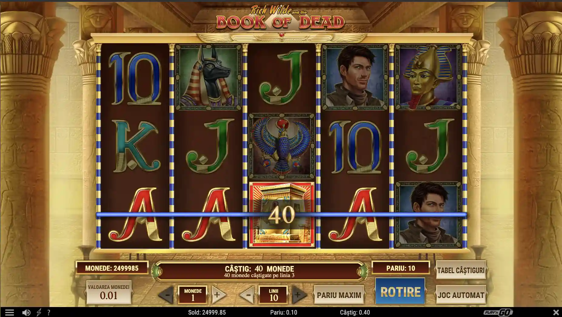 Book of Dead – secventă din joc cu grila 5×3, simboluri egiptene și câștig afișat pe linia 3