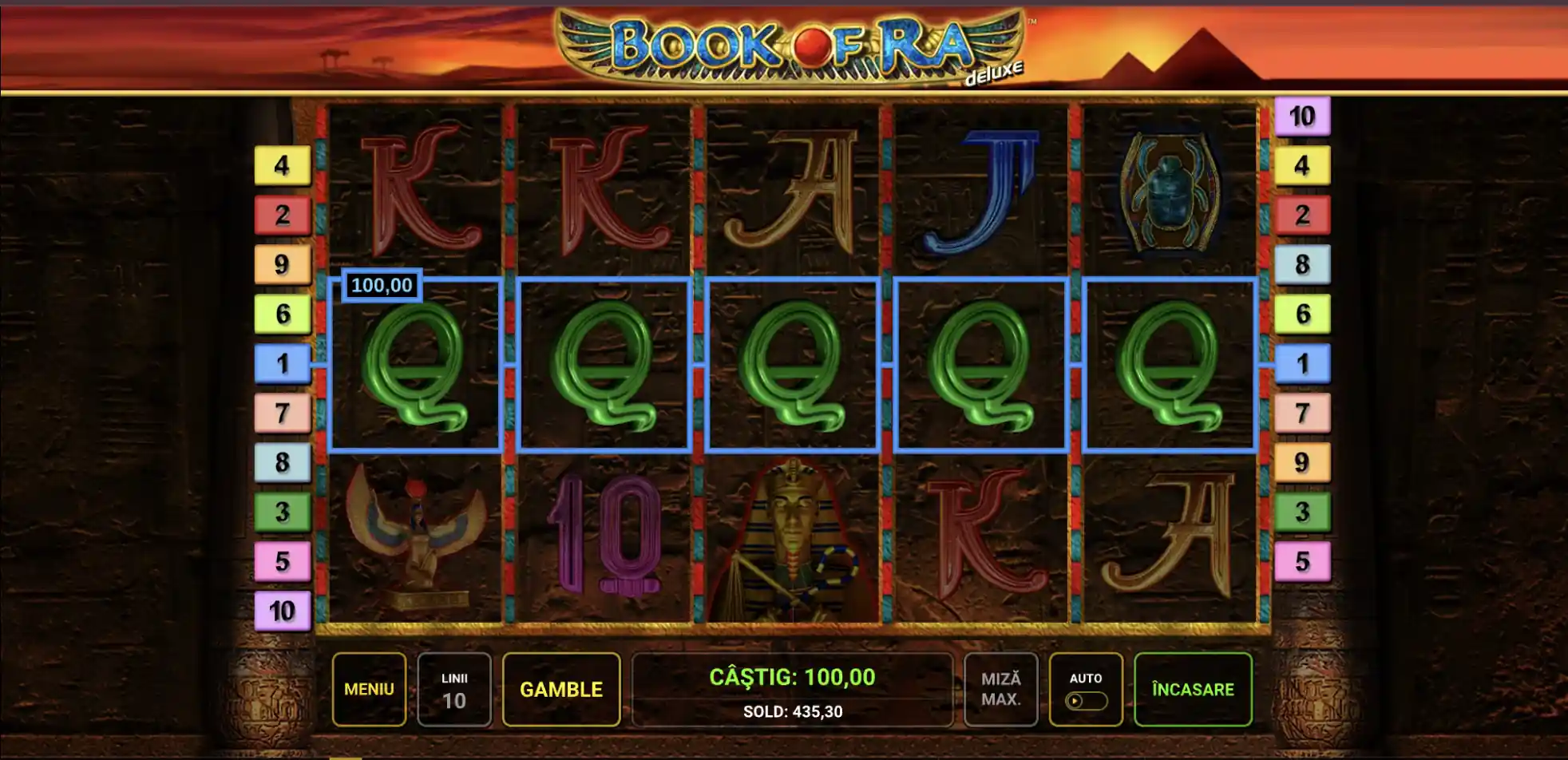 Book of Ra Deluxe – secvență din joc cu 10 linii, câștig 100,00 și opțiunea Gamble, simboluri Q pe role
