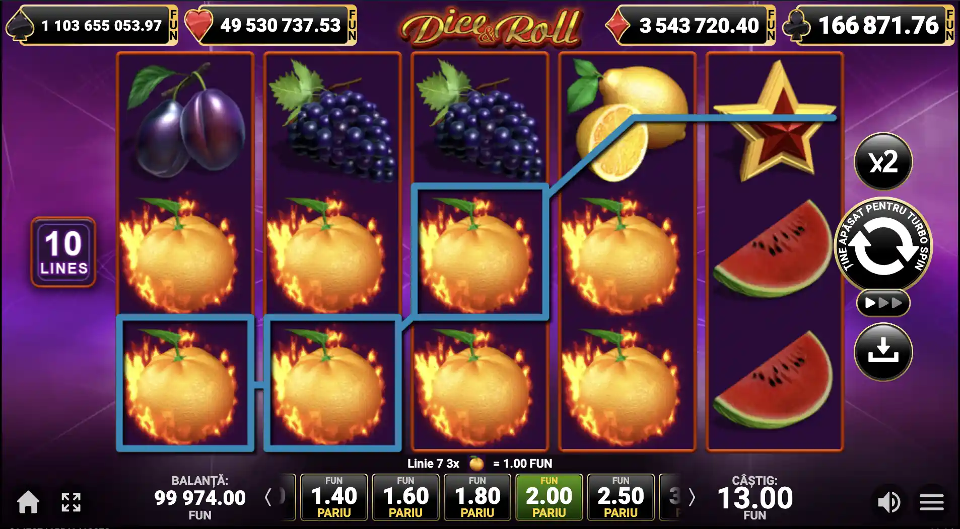 Dice & Roll – secvență din joc cu 10 linii, portocale ‘pe foc’ și câștig 13.00 afișat