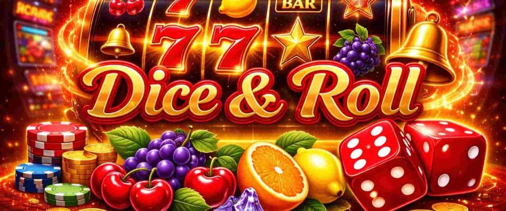 Dice & Roll – banner slot online cu zaruri roșii, role clasice cu 7 și BAR, jetoane și fructe