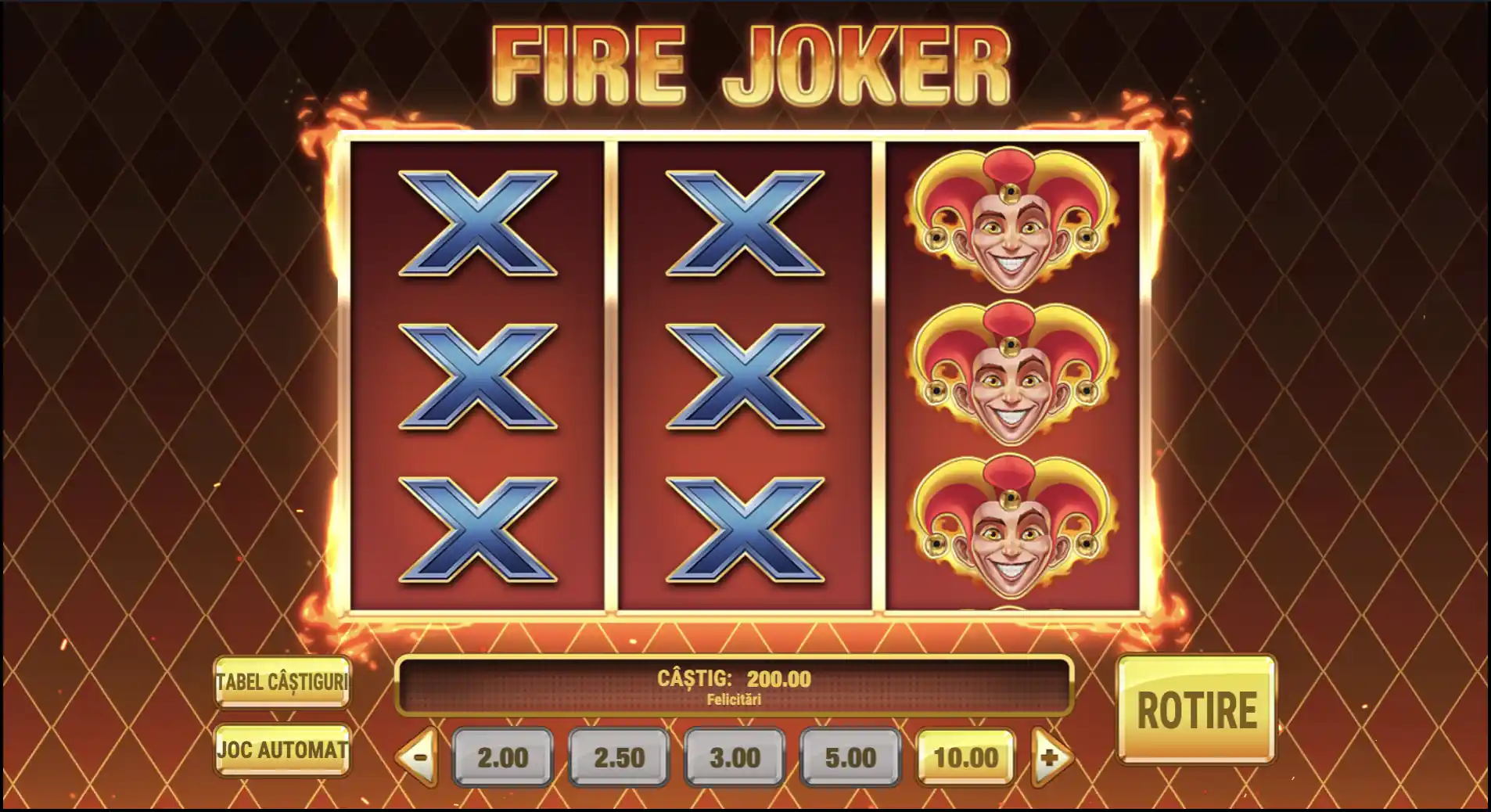 Fire Joker – secventa di joc cu 3 role, simboluri Joker și multiplicatori x, câștig 200.00 afișat