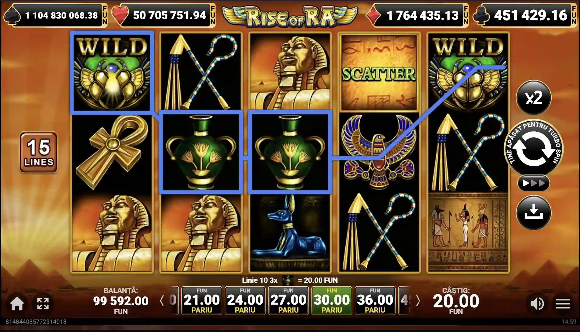 Rise of Ra – secvență din joc cu 15 linii, simboluri Wild și Scatter vizibile, câștig 20.00 afișat