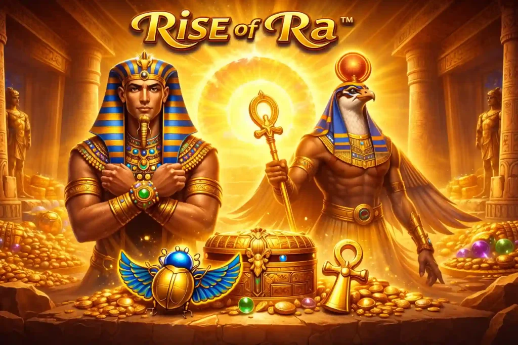 Rise of Ra – banner slot online cu tematică Egiptul Antic, faraon, zeul Ra, scarabeu și comoară