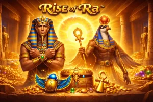 Rise of Ra – banner slot online cu tematică Egiptul Antic, faraon, zeul Ra, scarabeu și comoară