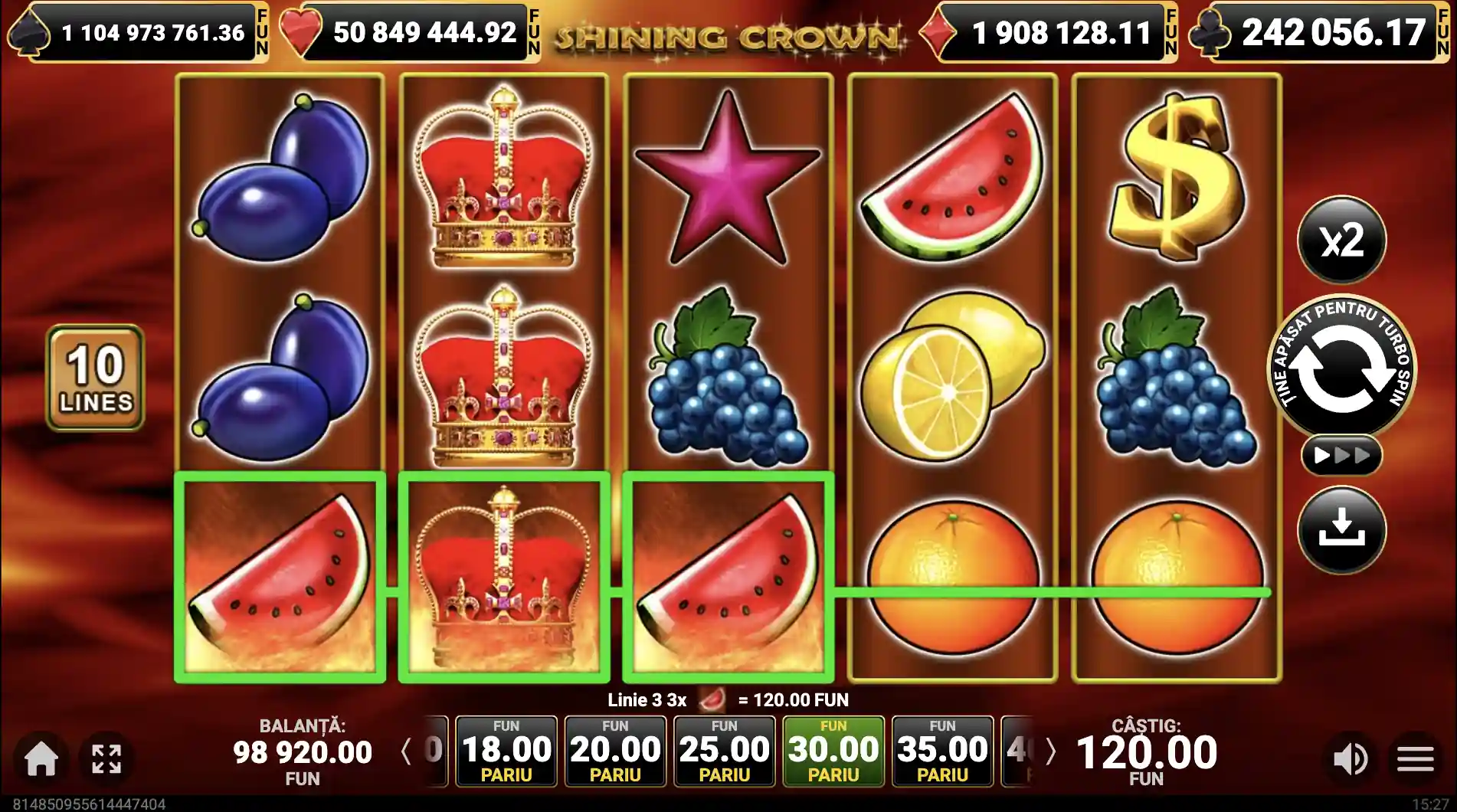 Shining Crown – secvență din joc cu 10 linii, combinație câștigătoare pe linia 3 și câștig 120.00 afișat