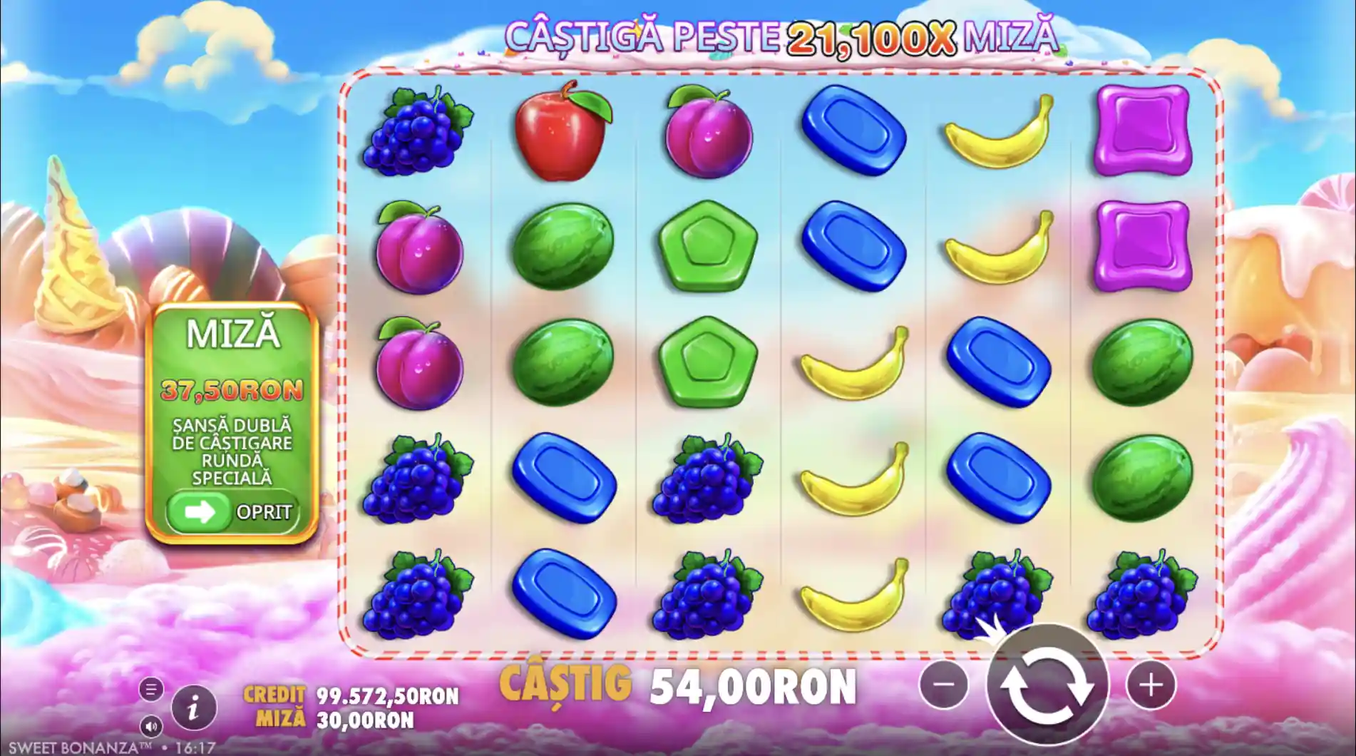 Sweet Bonanza – secvență din joc cu grila 6×5, simboluri de fructe și bomboane, câștig 54 RON afișat