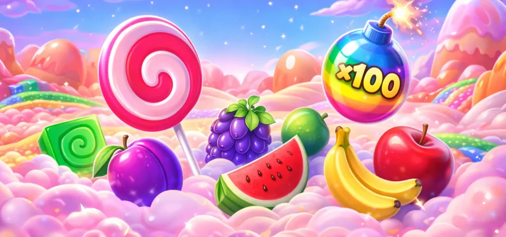 Sweet Bonanza – banner slot online cu bomboane, fructe și fundal pastel tip candyland