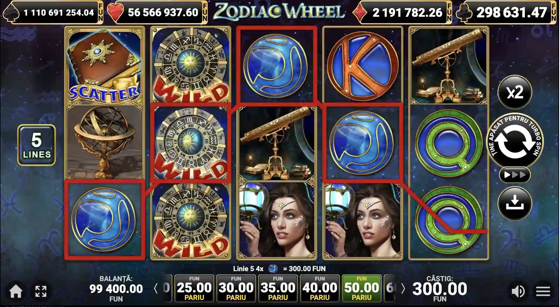 Zodiac Wheel – secvență din joc cu 5 linii, wild-uri (roata zodiacului), scatter (cartea) și câștig 300.00 afișat
