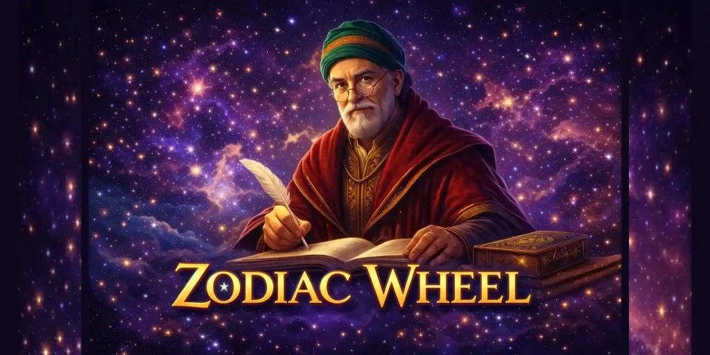 Zodiac Wheel – banner slot online cu un bătrân astrolog, simboluri astrologice și atmosferă cosmică