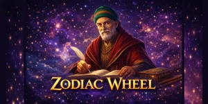 Zodiac Wheel – banner slot online cu un bătrân astrolog, simboluri astrologice și atmosferă cosmică