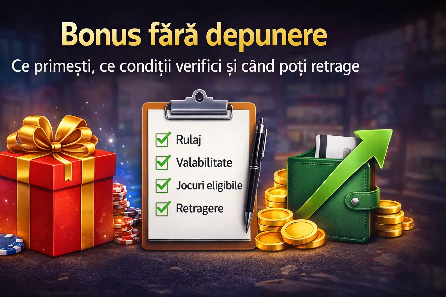Imagine reprezentativă pentru bonus fără depunere, cu cadou promoțional, checklist de condiții și simbol de retragere bani