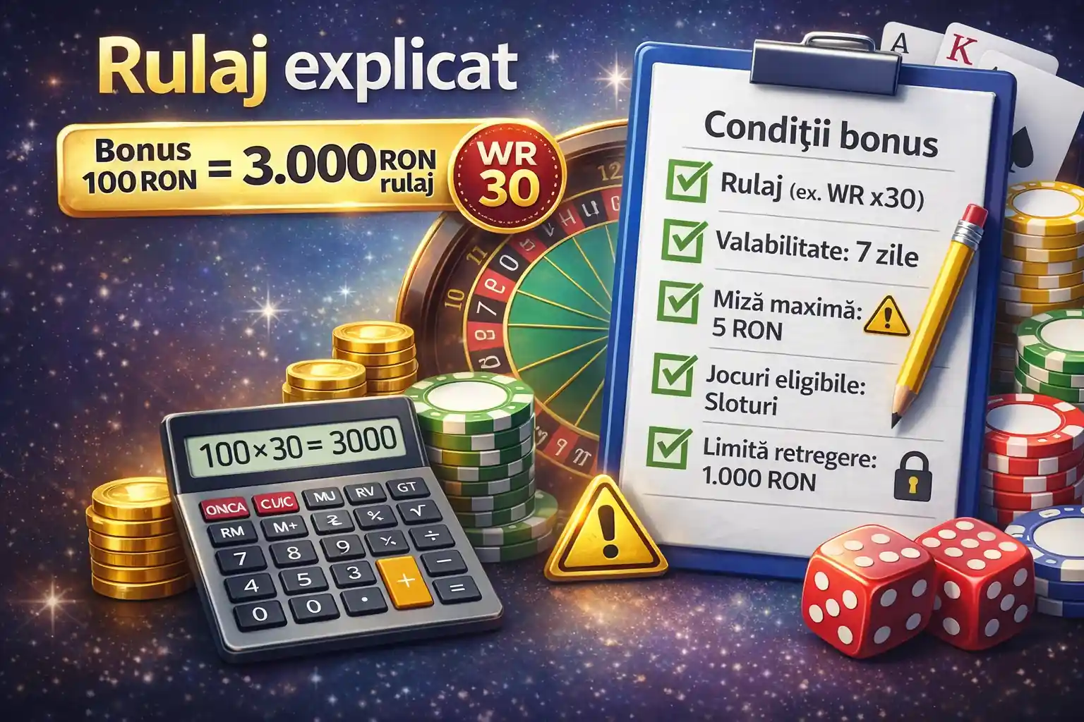 Condiții bonus – rulaj explicat: banner cu checklist WR, valabilitate, miză maximă, jocuri eligibile și formulă de calcul