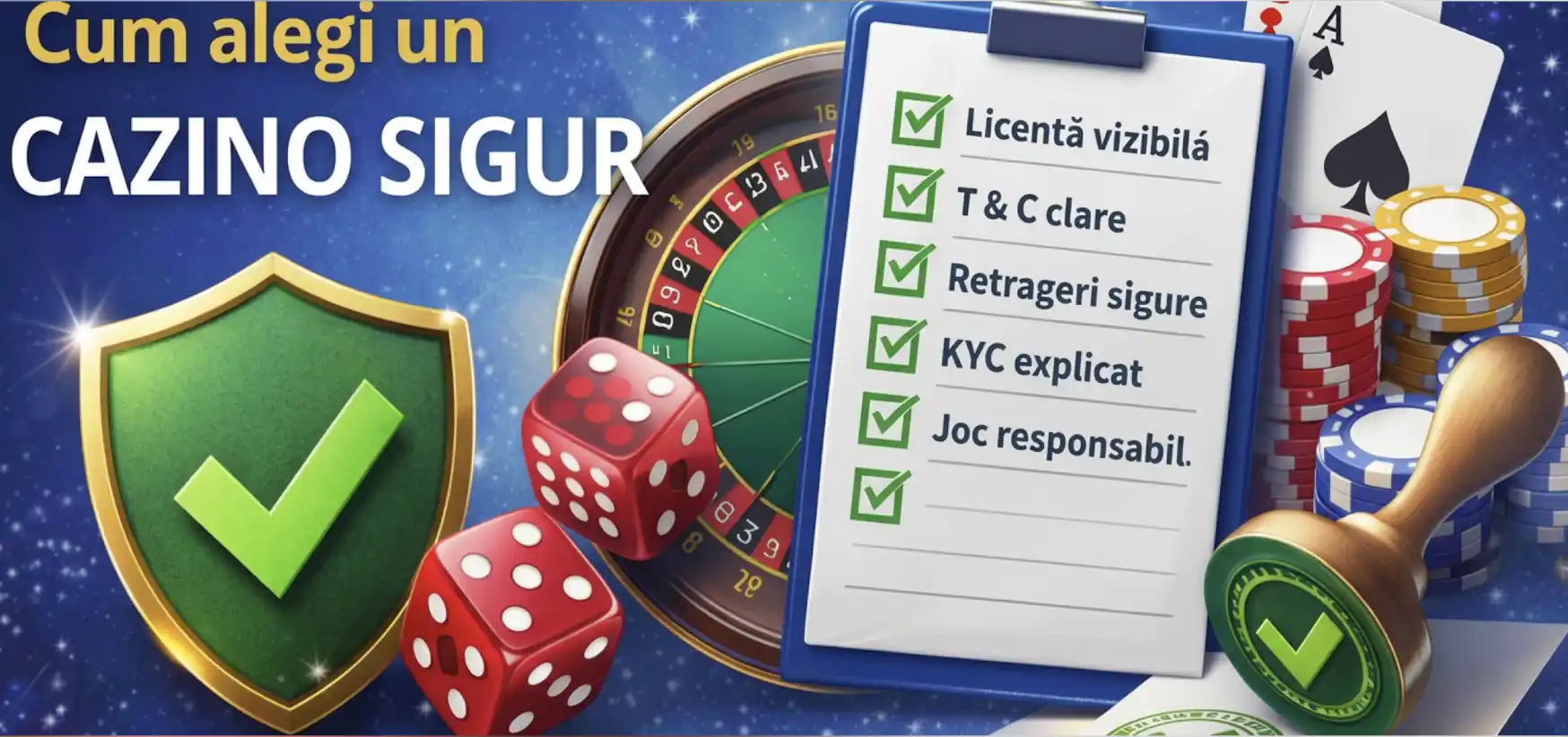 Cum alegi un cazino sigur – banner cu checklist (licență, T&C, retrageri, KYC, joc responsabil) și simboluri de cazino