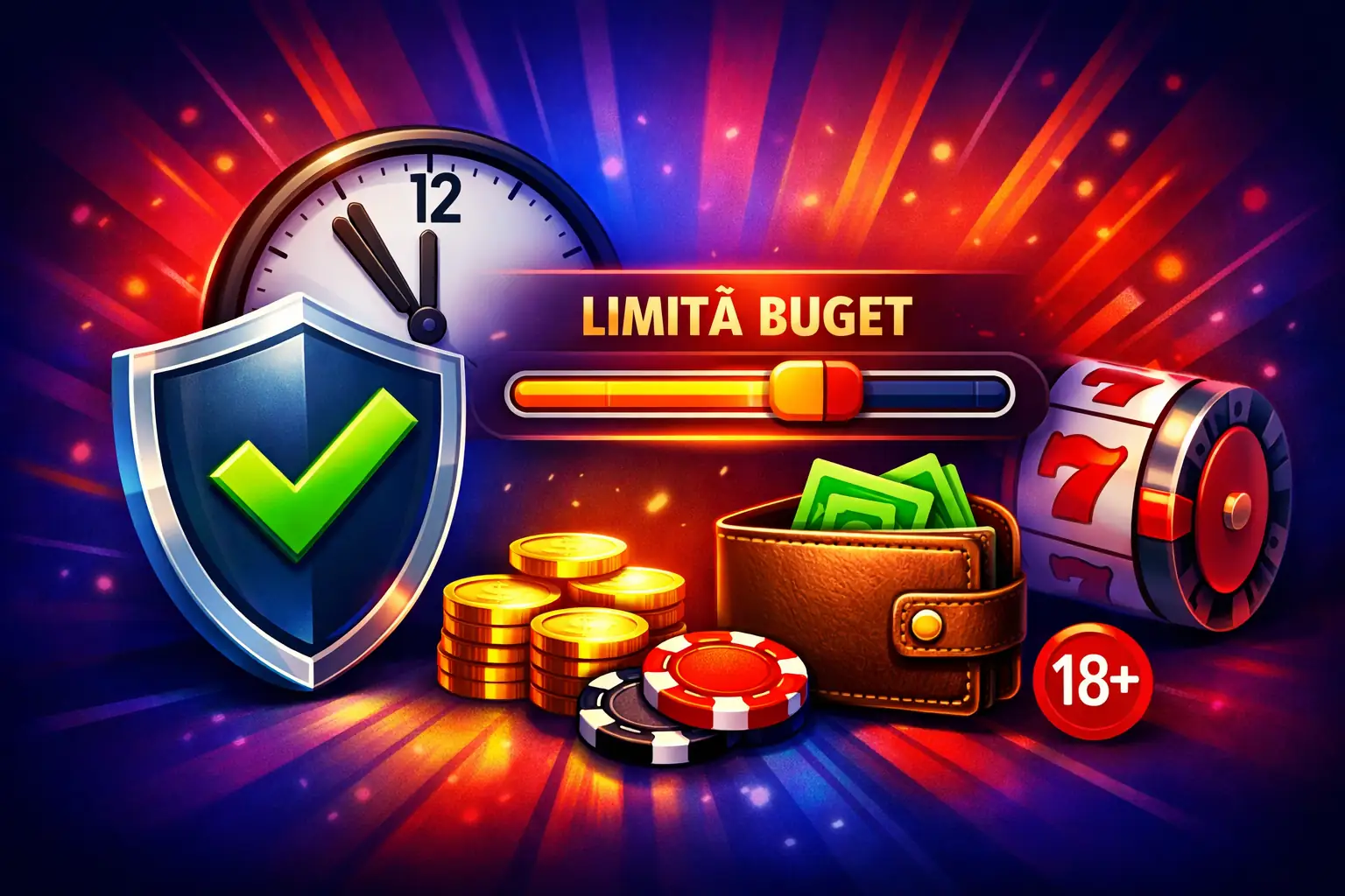 Ilustrație despre joc responsabil: scut de siguranță, checklist cu limite de buget și timp, simboluri de control și prevenție.