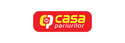 logo Casa Pariurilor scris cu litere de culoare alba si galbena pe fundal rosu