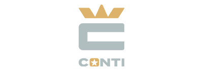 logo Conti cu text de culoare gri pe fundal alb si litera C stilizata