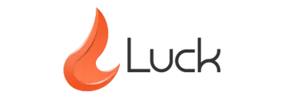 Luck logo scris cu litere de culoare neagra si o flacare de culoare portocalie