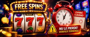 Banner cu slot machine, text „Free Spins”, ceas roșu și avertisment despre expirarea rotirilor gratuite
