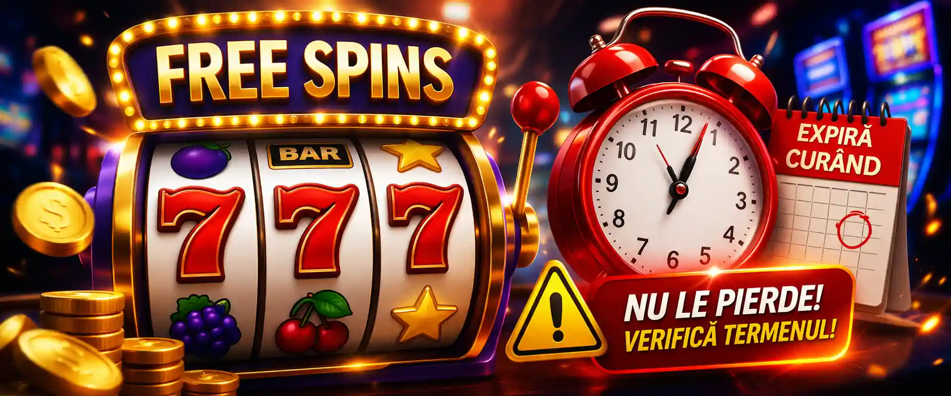 Banner cu slot machine, text „Free Spins”, ceas roșu și avertisment despre expirarea rotirilor gratuite