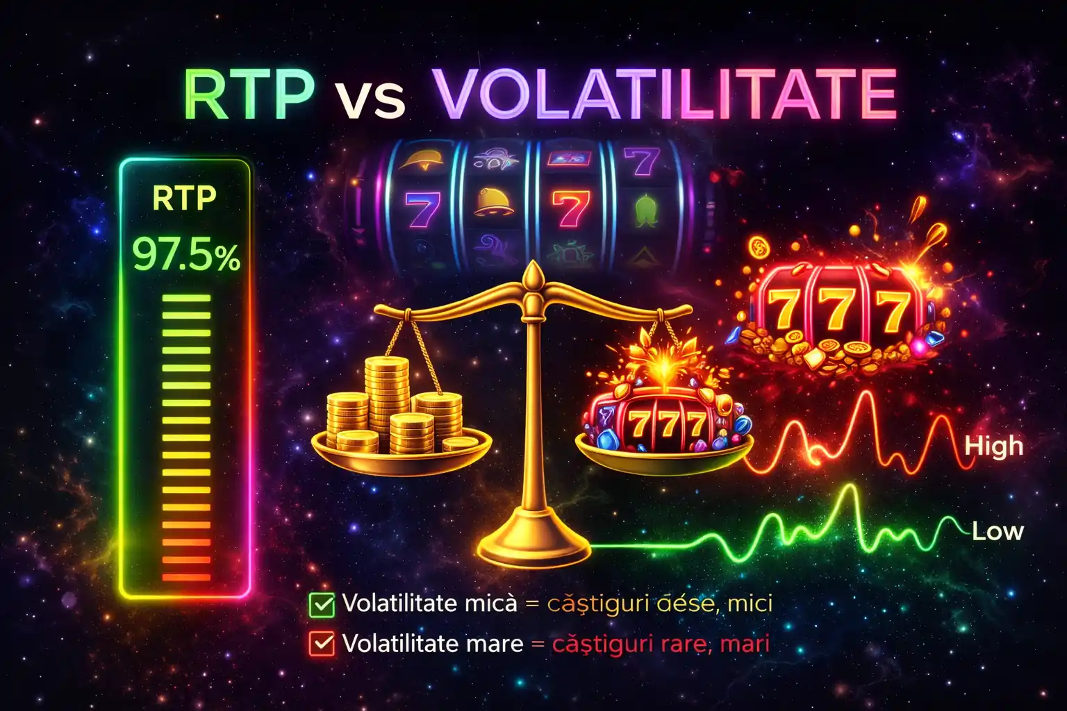 RTP vs volatilitate – grafic neon cu meter RTP 97,5%, valuri de volatilitate și balanță între câștiguri dese și jackpot