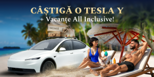 Banner promoțional WinBoss All-in Summer cu o mașină Tesla Model Y pe plajă, un cuplu relaxându-se pe șezlonguri și mesajul „Câștigă o Tesla Y + Vacanțe All Inclusive”.