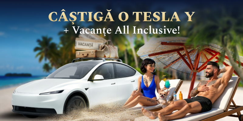Banner promoțional WinBoss All-in Summer cu o mașină Tesla Model Y pe plajă, un cuplu relaxându-se pe șezlonguri și mesajul „Câștigă o Tesla Y + Vacanțe All Inclusive”.