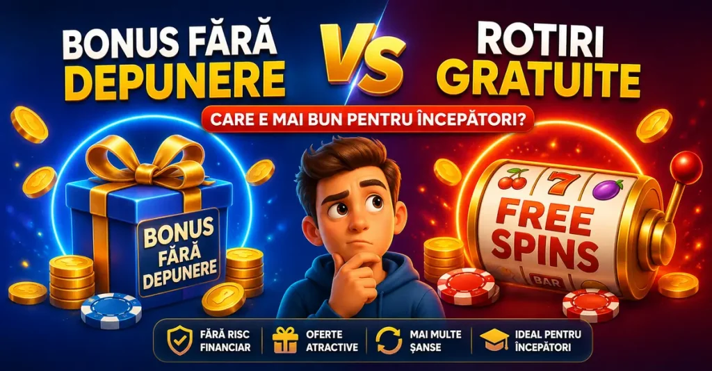 Alt text: Imagine comparativă pentru bonus fără depunere vs rotiri gratuite, cu elemente vizuale colorate de cazino, simbol VS central, cadou bonus și slot machine.