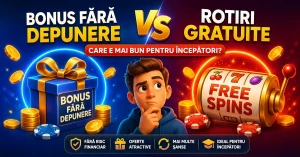Alt text: Imagine comparativă pentru bonus fără depunere vs rotiri gratuite, cu elemente vizuale colorate de cazino, simbol VS central, cadou bonus și slot machine.