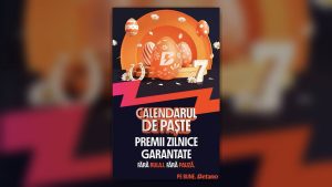 Banner promoțional Betano de Paște, cu ouă decorative portocalii, margarete și mesajul „Calendarul de Paște – Premii zilnice garantate”