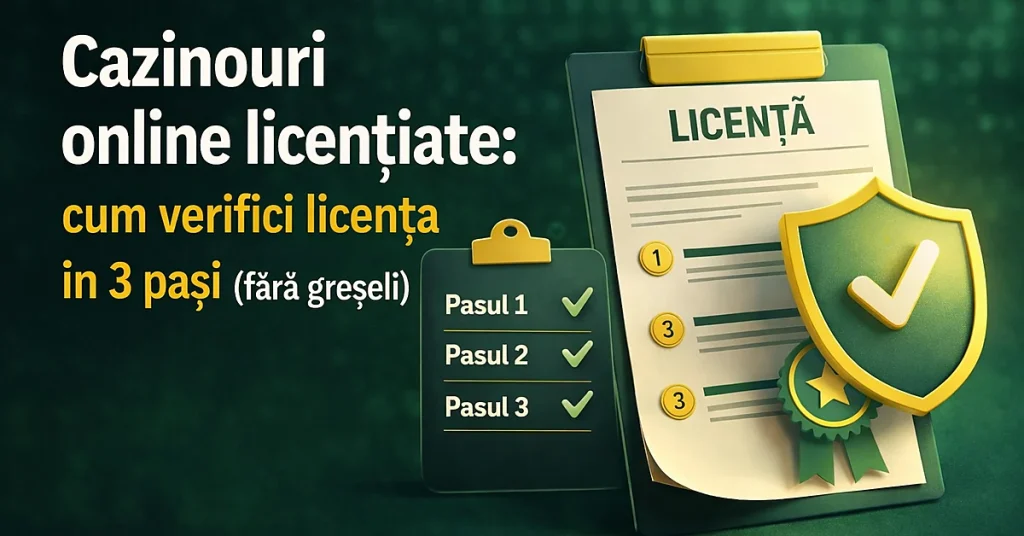 Banner pentru articolul „Cazinouri online licențiate: cum verifici licența în 3 pași”, cu text pe fundal verde și ilustrații cu document de licență, checklist și scut de verificare.