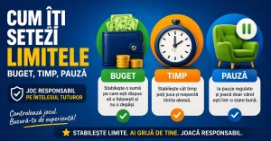 Infografic despre joc responsabil, cu titlul „Cum îți setezi limitele”, ilustrând trei piloni: buget, timp și pauză, prin imagini cu portofel, ceas și fotoliu.