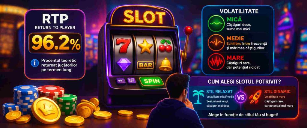 Ilustrație colorată despre RTP și volatilitate la sloturi, cu un aparat de slot în centru, indicator RTP 96,2%, niveluri de volatilitate și comparație între stil de joc relaxat și dinamic.