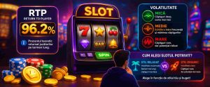 Ilustrație colorată despre RTP și volatilitate la sloturi, cu un aparat de slot în centru, indicator RTP 96,2%, niveluri de volatilitate și comparație între stil de joc relaxat și dinamic.