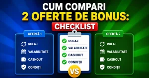 Imagine checklist pentru compararea a două oferte de bonus, cu criterii precum rulaj, valabilitate, cashout și condiții