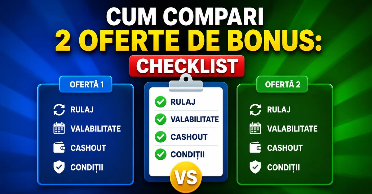 Imagine checklist pentru compararea a două oferte de bonus, cu criterii precum rulaj, valabilitate, cashout și condiții