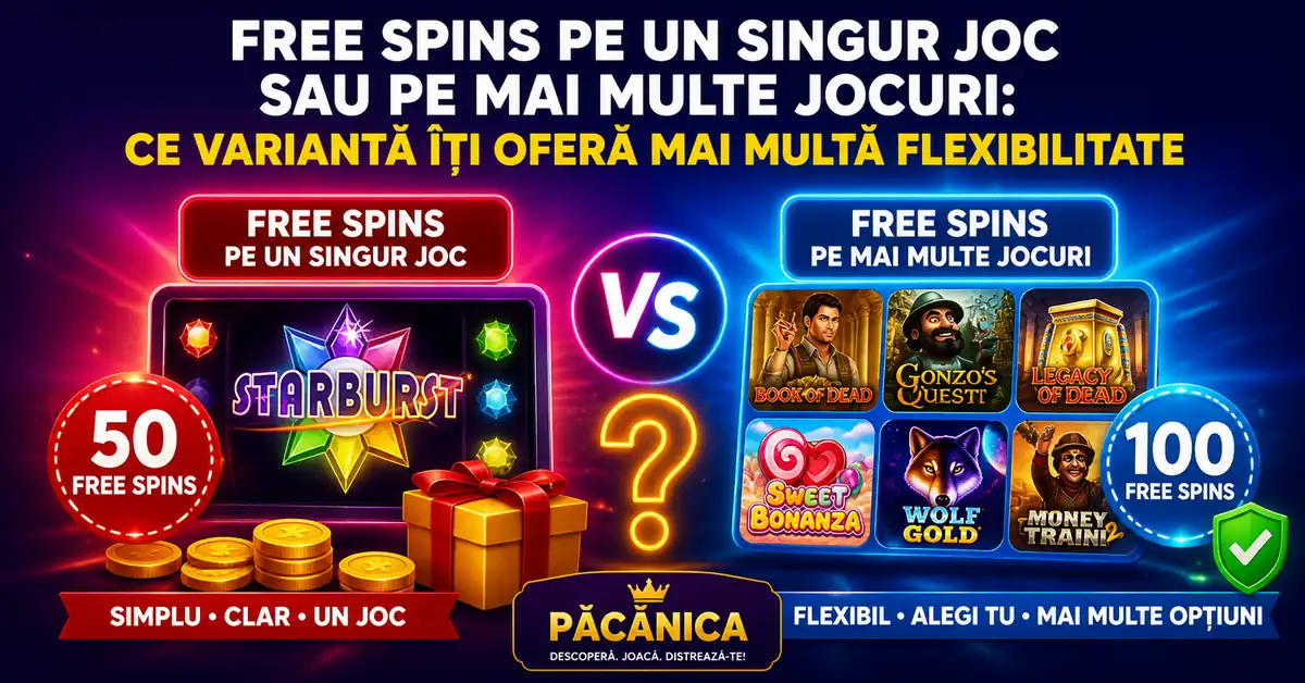 Imagine comparativă despre free spins pe un singur joc versus free spins pe mai multe jocuri, cu sloturi colorate, simbol VS central și elemente vizuale despre flexibilitate.