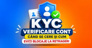 KYC verificare cont la cazino online, cu simbol de securitate, document de identitate și bifă pentru retrageri fără blocaje