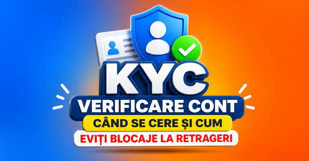 KYC verificare cont la cazino online, cu simbol de securitate, document de identitate și bifă pentru retrageri fără blocaje