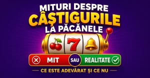 Mituri despre câștigurile la păcănele, cu simboluri de sloturi online și comparație între mit și realitate
