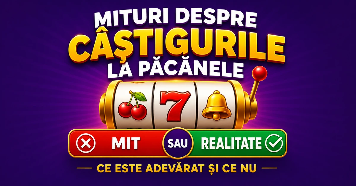 Mituri despre câștigurile la păcănele, cu simboluri de sloturi online și comparație între mit și realitate