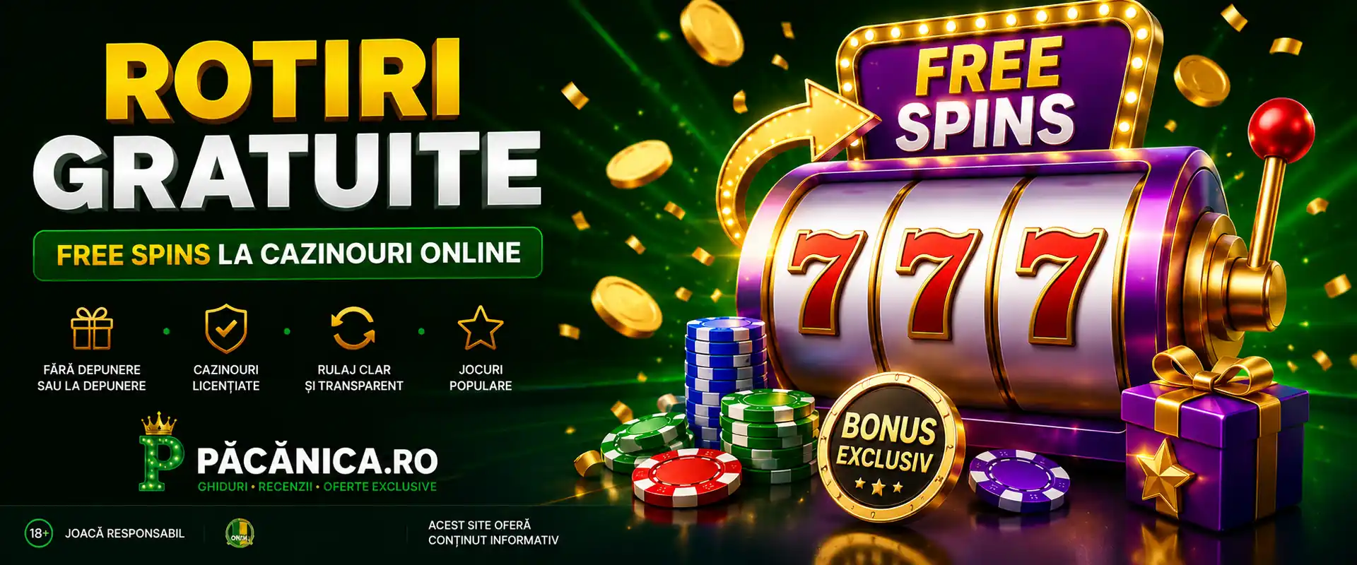 Imagine reprezentativă pentru pagina Rotiri gratuite de pe Păcănica.ro, cu slot machine, free spins, jetoane, monede și elemente vizuale despre bonusuri la cazinouri online.