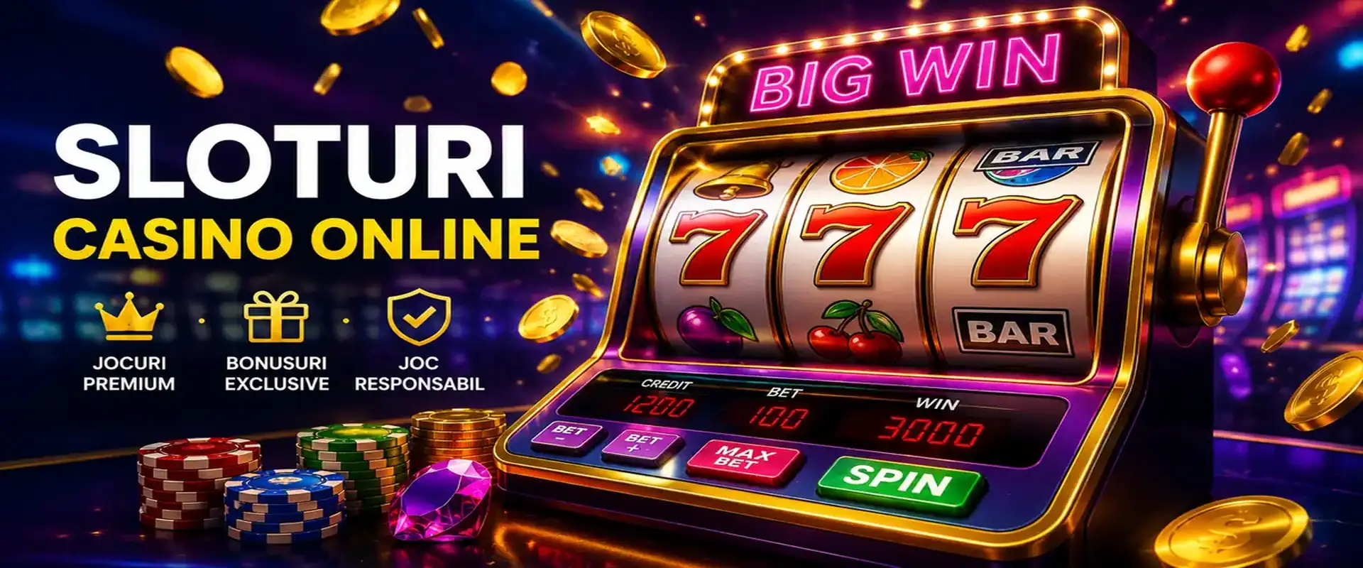 Imagine reprezentativă despre sloturi casino online, cu aparat de slot, simboluri 777, jetoane, monede și atmosferă de cazino digital.