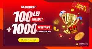 imagine promotionala cu fundal rosu, simboluri cazino si oferta de 100 lei pariu gratuit si 1000 rotiri gratuite