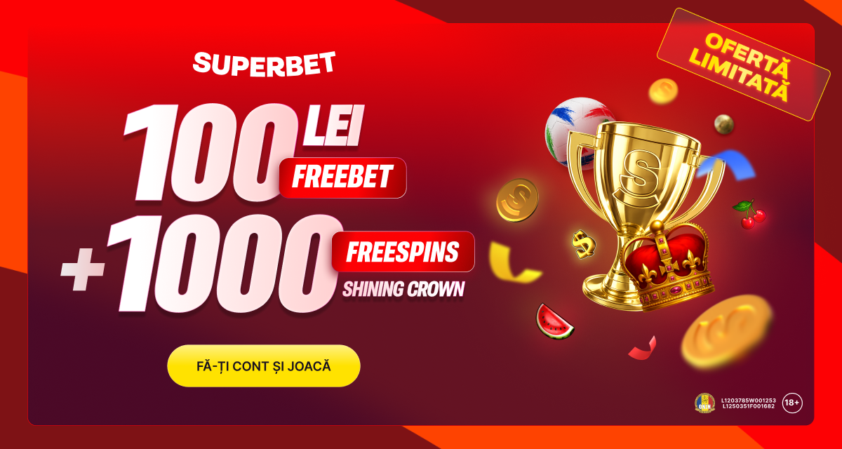 imagine promotionala cu fundal rosu, simboluri cazino si oferta de 100 lei pariu gratuit si 1000 rotiri gratuite