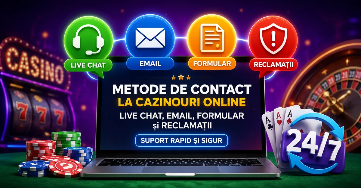 Ilustrație despre metode de contact la cazinouri online, cu laptop și pictograme pentru live chat, email, formular de contact și reclamații.