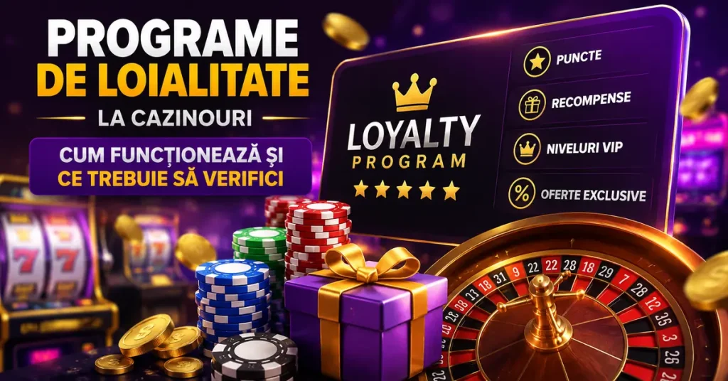Imagine despre programe de loialitate la cazinouri, cu puncte, recompense, niveluri VIP, oferte exclusive, jetoane și ruletă.