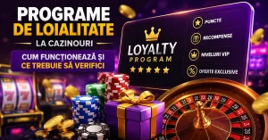 Imagine despre programe de loialitate la cazinouri, cu puncte, recompense, niveluri VIP, oferte exclusive, jetoane și ruletă.