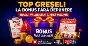 Imagine reprezentativă pentru articolul despre greșeli la bonus fără depunere, cu elemente vizuale: cutie cadou, slot, monede, calendar